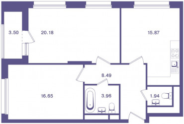 Двухкомнатная квартира 68.84 м²